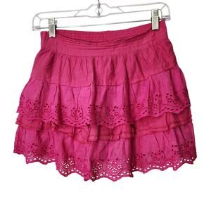 Y2k Womens M Pink Tiered Ruffle Eyelet Mini Skirt Boho Stretch Waist Festival